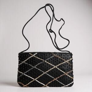 VINTAGE 80’s 90’s Beaded Embroidered Mini Black Silver Gold Crossbody